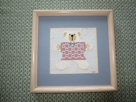 Framed TEDDY BEAR with HEART SHIRT Needlepoint WALL HANGING - 10 1/2&quot; x ... - £13.73 GBP