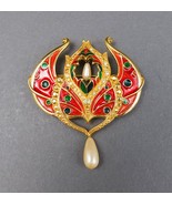 Shakira Caine Signed Large Vintage Gold Tone Enamel Faux Pearl Pin Brooch - £63.38 GBP