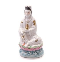 Chinese Porcelain Quan Yin On Lotus Statue 8 1/2&quot; Mid-Century 1960&#39;s Mid... - £50.57 GBP