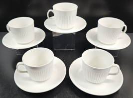 5 Johnson Brothers Athena Cups Saucers Set Vintage White Ribbed Rim England Lot - £37.18 GBP