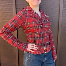 Hot Topic Royal Bones Women&#39;s Medium Red Plaid Moto Cropped Jacket Daang... - $990.78 MXN