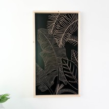 Carved Wooden Wall Art - Decorative Wild leaves Black Long Panel 63 x 35 cm - £103.83 GBP