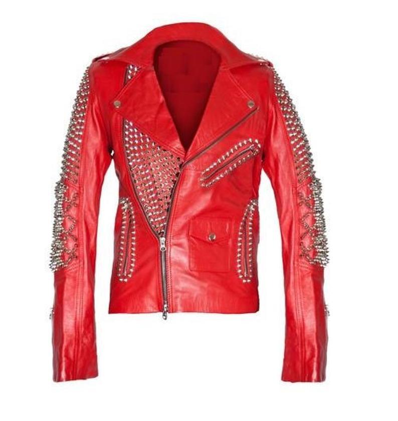 Men Silver Studded Jacket Red Punk Silver Long Spiked Red Leather Biker Jacket S