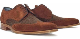Made To Order Men&#39;s Tweed Brown Formal Dress Suede Genuine Leather Lace up Shoes - £119.89 GBP+