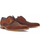 Made To Order Men&#39;s Tweed Brown Formal Dress Suede Genuine Leather Lace ... - $205.14 CAD+