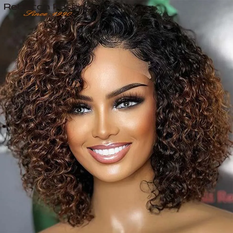 180D Ombre Short Afro Kinky Curly Human Hair Wigs Blonde Human Hair Wig Wi - £43.15 GBP+