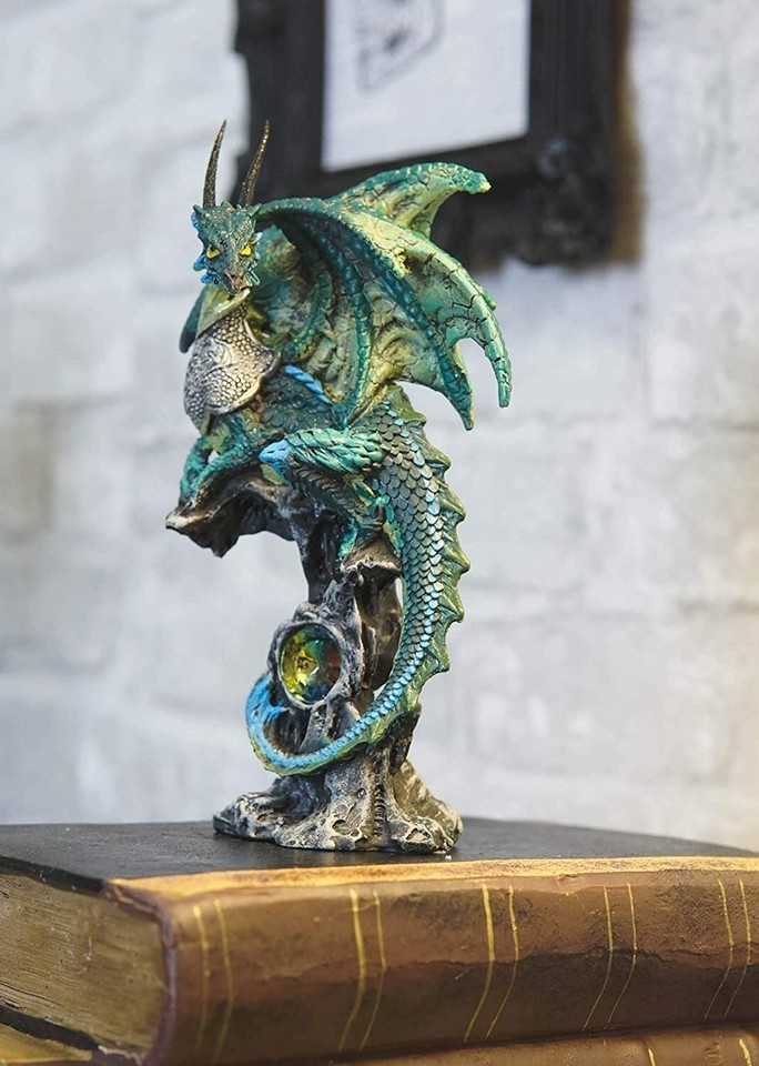 Ebros Armored Green Pagoda Dragon Perching On Gemstone Rock Pillar Statu... - $17.99