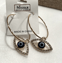 Nicole Gold Tone Blue Bling Evil Eye Dangle Hoop Earrings NEW - £18.68 GBP