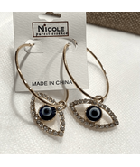 Nicole Gold Tone Blue Bling Evil Eye Dangle Hoop Earrings NEW - £18.39 GBP