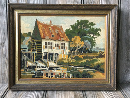 VTG Intricately Handcrafted Needlepoint Embroidered Framed House w/Watermill - £36.33 GBP