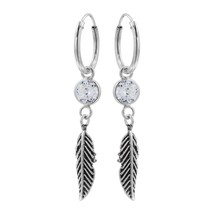 Feather and Crystal 925 Silver Hoop Earrings - £13.19 GBP