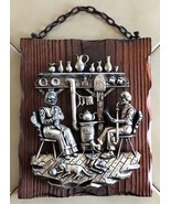 Vintage MCM Wooden Wall Hanging featuring 3D Couple w/ Cat and Cozy Stove - $19.50