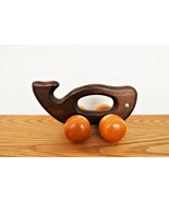 Vintage Wooden Whale Pusher Toy Rolling Wheels Googly Eyes Massager - $16.99