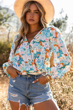 Sky Blue Floral Print Wrap Long Sleeve Bodysuit - £18.22 GBP