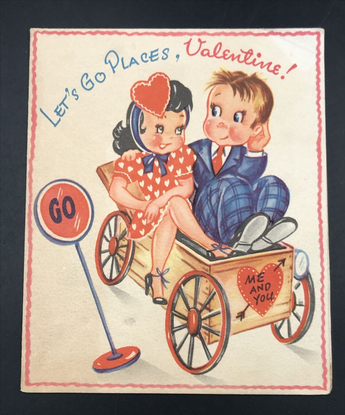 Primary image for VTG 1950s RRH Couple in a Cart Let's Go Places Valentine Greeting Card USA