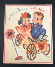 VTG 1950s RRH Couple in a Cart Let&#39;s Go Places Valentine Greeting Card USA - $9.49