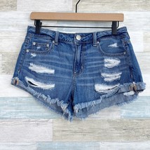 American Eagle Tomgirl Shortie Denim Shorts Blue Distressed Mid Rise Wom... - £23.32 GBP