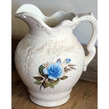 Vintage 1983 Arnel&#39;s Pottery Pitcher Vase Ornate Painted Blue Rose 7&quot; High - $13.47