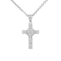 14K Solid White Gold Small Saint St. Benedict Crucifix Cross Pendant Necklace - £157.19 GBP+