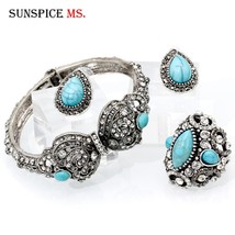 Antique Silver Color Flower Bangle Ring Earring Sets for Women Natural Stone Rhi - £16.09 GBP