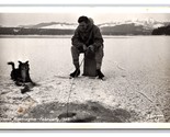 RPPC Ice Fishing February 1950 Man With Dog Union Washington WA UNP Post... - $20.74