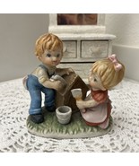 Children boy girl child building painting house collectible ceramic - $183.31 MXN