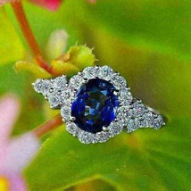 14k White Gold Plated 2.60 CT Oval Cut Lab-Created Blue Sapphire Halo Gift Ring - £44.86 GBP