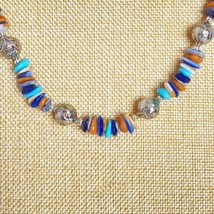 Lightweight Beachy Style Blue Brown Tan Silver Plastic Beads Necklace 24in - £11.18 GBP