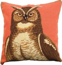 Throw Pillow Petit Point Great Horned Owl 18x18 Natural Cotton Velvet Wool - £266.66 GBP