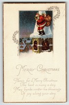 Santa Claus Christmas Postcard Standing On Church Bell Tower Town Village 1922 - £8.39 GBP