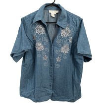 Maurada Women&#39;s Shirt Blouse Size 20W 2X Denim Floral Embroidery Blue Co... - $12.59