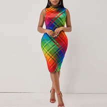 Summer Sleeveless Rainbow Striped Argyle Style Dress - £34.54 GBP