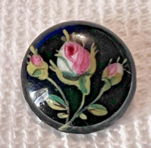 Victorian Pink Rose w Black Background Enamel Button 11/16ths IN Good Shape - $24.26