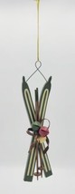 Green &amp; Yellow Rustic Wooden Snow Skis &amp; Poles Jingle Bells Christmas Ornament - £7.97 GBP