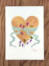 Gold Heart with Violets with Silver Ribbon in Acrylics Greeting Card - £9.20 GBP