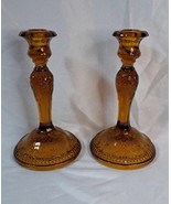 Set of 2 Candle Stick Holders Tiara Amber Indiana Glass Sandwich Design ... - £55.15 GBP