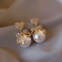 New Arrival Korean Love Imitation Pearl Elegant Bow Dangle Earrings For Women Fa - £9.01 GBP
