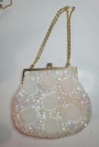 White Vintage Purse Opalescent Beadwork with Chain Hand Made - $28.00