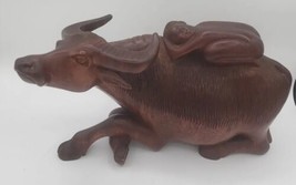 Wooden Sculpture Vintage Hand Craft Statue Asian Bull Sleeping Man U193 - £78.68 GBP