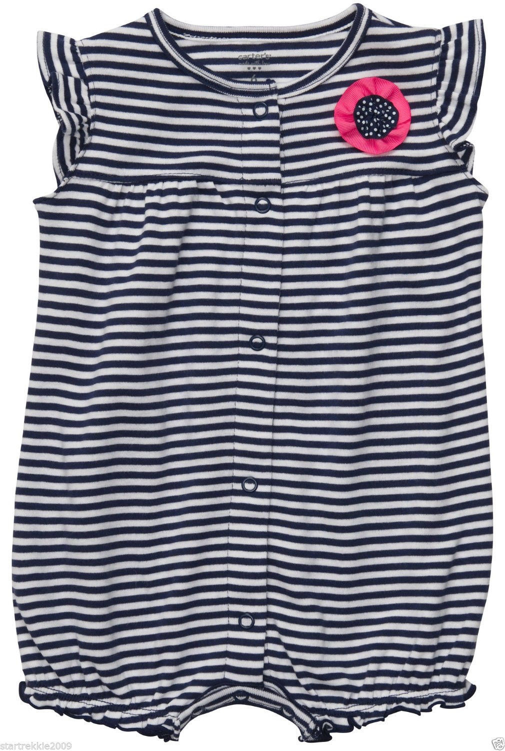 Carters Baby Girl Navy/White Stripe Print Creeper w/ Pink Rosette, Sz.9 Mos. NWT - $10.88