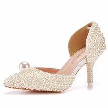 White Pearl Wedding Shoes Bride High Heels Sandals Pointed Toe Pumps Ladies Part - £67.35 GBP