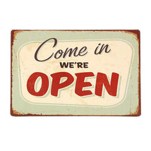 Come In We&#39;re Open - Mini Metal Magnetic Tin Sign 4.5in X 3.2in (11.4cm X 8.1cm) - £7.78 GBP