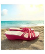 Women&#39;s Dark Pinkish Red Strappy CROCS Sandals Size 10 W Slip On Wedge - $27.12