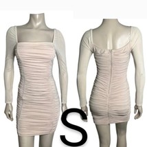 Nude Sheer Long Sleeves Ruched Stretchy Mini Dress~Size S - £22.88 GBP