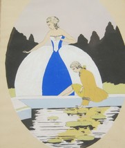 French Woodblock Art Print 1780s Fashion Lady Blue Dress Man Yellow Framed Glass - £55.46 GBP