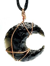 Obsidienne Lune Collier Pendentif Fil De Cuivre Enveloppé Cristal Pierre... - £7.58 GBP