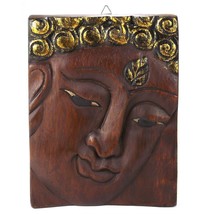 Small Brown Buddha Face Hand Carved Mango Wood Wall Art 5.5&quot;x8&quot; - £20.95 GBP