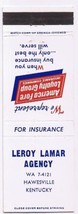 Matchbook Cover Leroy Lamar Agency Insurance Hawkesville Kentucky - £0.77 GBP