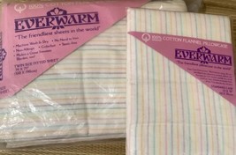 Vintage Everwarm Flannel Sheet &amp; Pillowcase Twin Fitted Striped Pastel NEW - £29.89 GBP