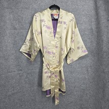 Oriental Kimono Robe Women One Size Gold Lavender Satin Embroidered Knee... - $43.93